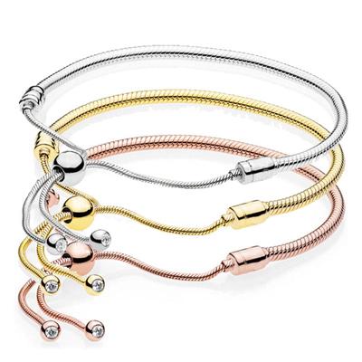 Rose Gold Moments Sliding Clasp Adjust Snake Chain 925 Sterling Silver Bracelet Bangle Fit Fashion Bead Charm Diy Jewelry