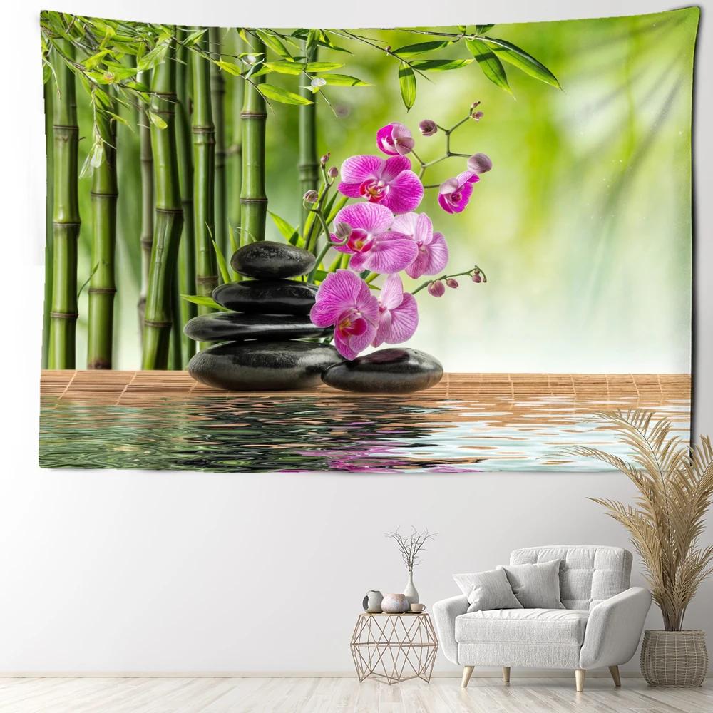 Morning Glory Stone Bamboo Grove Tapestry Wall Hanging Simple Modern Art Landscape Hippie Home Decor Background Cloth