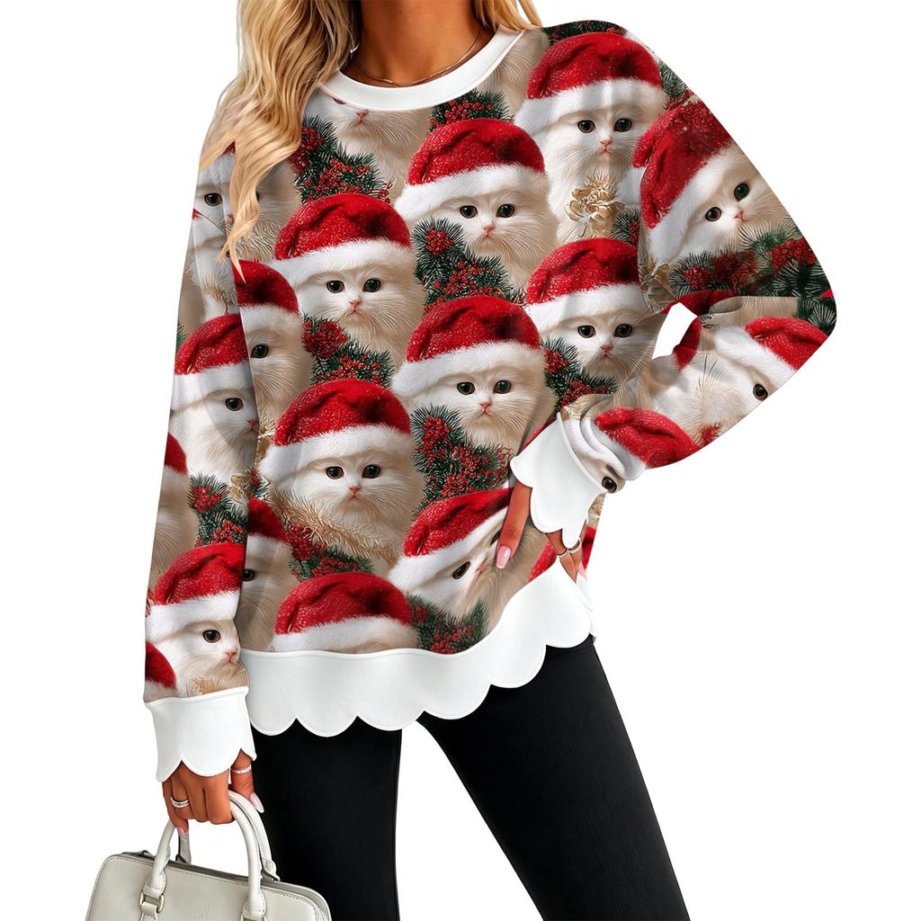 Women's Christmas Print Crewneck Sweatshirt with Scalloped Wavy Hem Casual Holiday Top