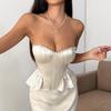 European and American style INS women's tube top, sexy Spice Girls women's clothing waist fish bone ruffle edge bright diamond lace-up bra