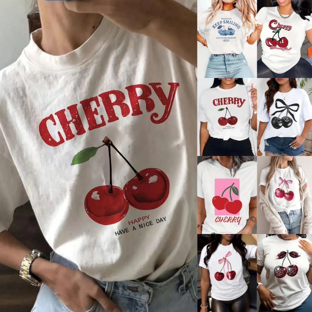 Cherry Print Womens Tshirt Women Loose Comfortable Tee Red Cherries Graphic Daily Streetwear Fashion Soft Top T Shirt
