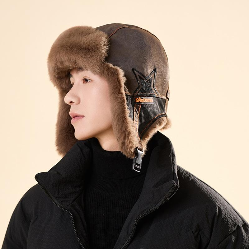 

Шапка Лей Фэн для мужчин и женщин для улицы, для катания, лыжная, пилотская, плюс бархатная утолщенная шапка, зимняя, из ПУ кожи, ветрозащитная, с защитой ушей 56-60CM