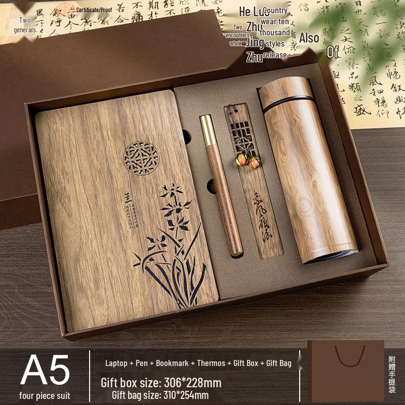 Custom Wooden Notebook & Thermos Gift Set: Plum, Orchid, Bamboo, Chrysanthemum Designs for Teachers & Clients, Perfect for Graduation Season
