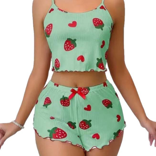 Heart Print Spaghetti Strap Knit Pajama Set – Women's Casual European & American Style Homewear, Wearable Outdoors