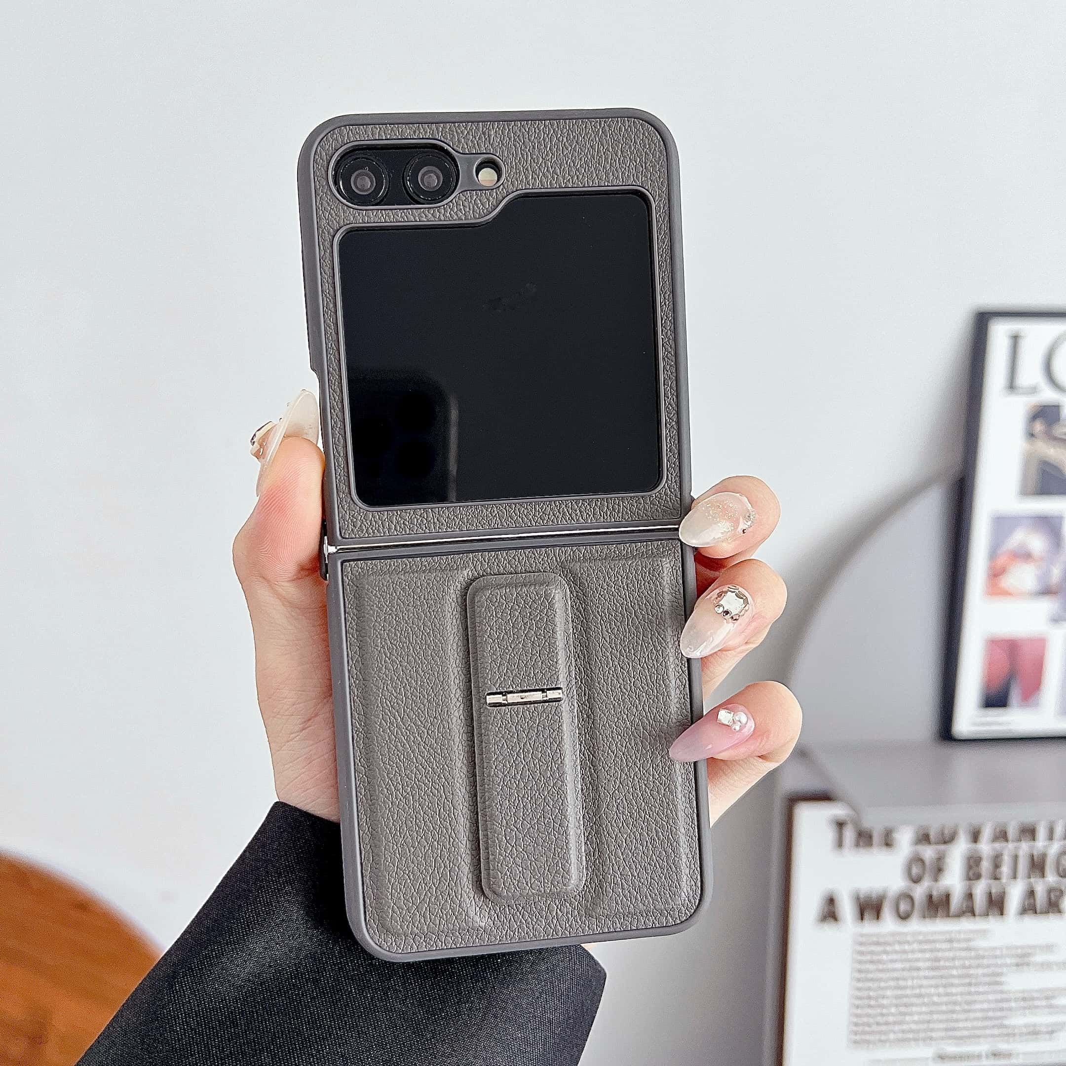 

PU Leather Phone Case With Kickstand for Samsung Galaxy Z Flip 7 6 5 4 3 Flip6 Protective Cover Galaxy Z Flip6 сірий колір