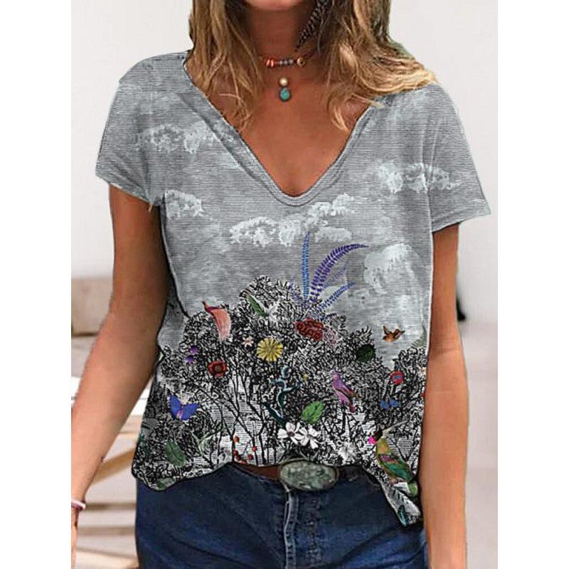 Summer V-neck 3D Flower Printed Top Fashionable Casual Short Sleeved Women's T-shirts