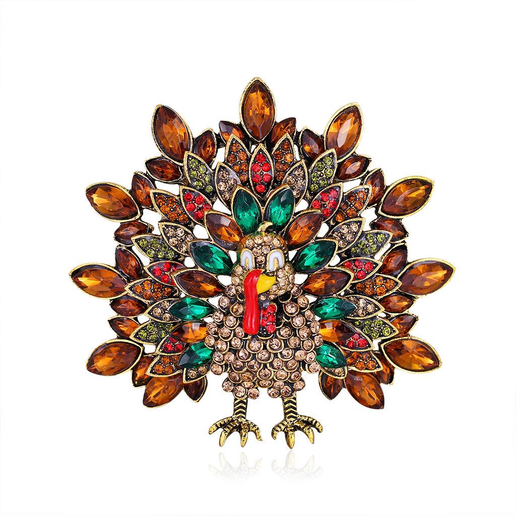 Creative Thanksgiving Rhinestone Turkey Brooch Large Fun Animal Pin Personalized Peacock Badge