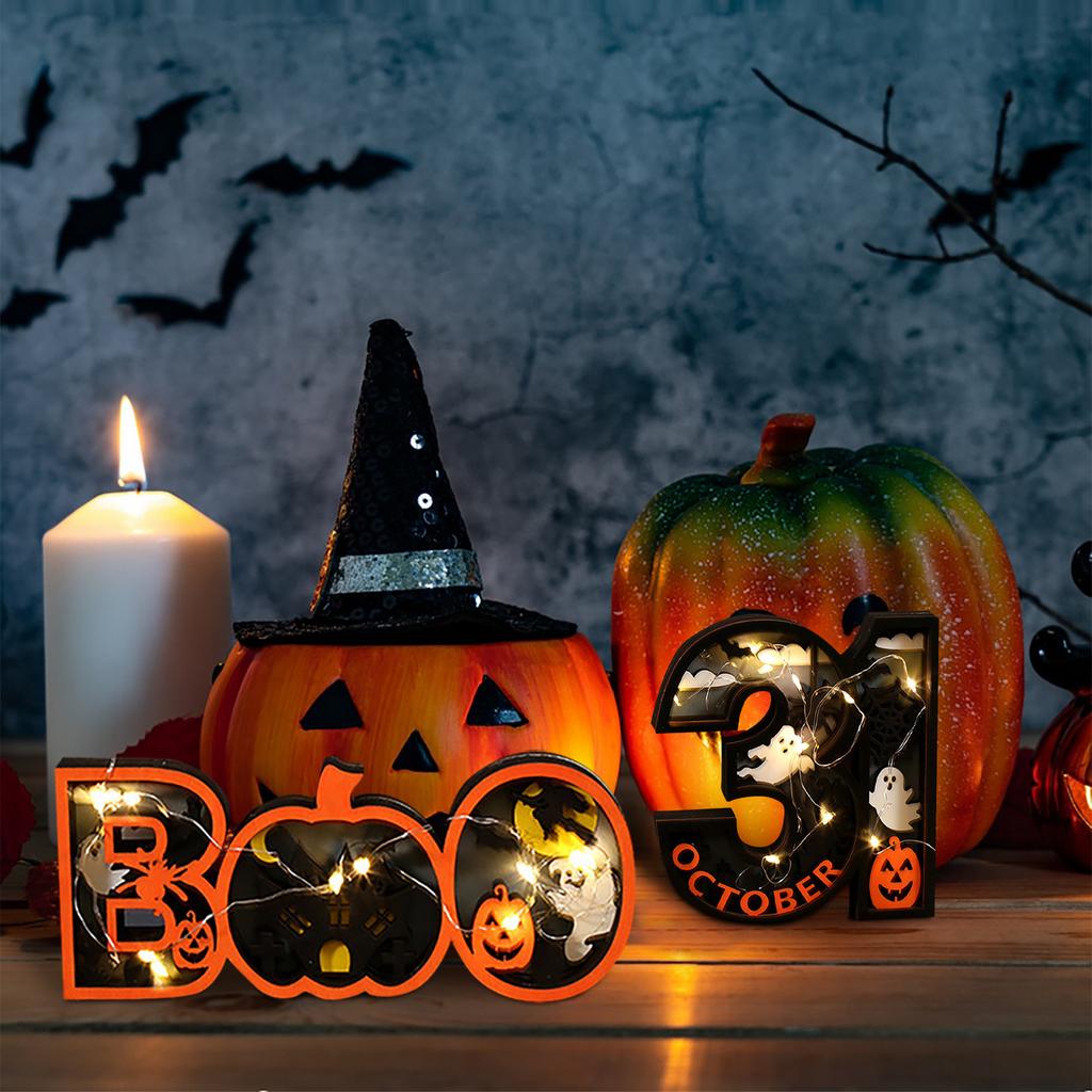 Wooden Halloween Decorative Night Light Sign with 3D Carved Pumpkin Ghost and Haunted House Design for Seasonal Indoor Display