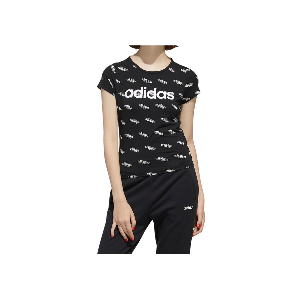 Adidas Sports Lifestyle Series Logo All Over Print Design Round Neck Breathable Casual Short Sleeve T-Shirt Women T-Shirts Black FM6191