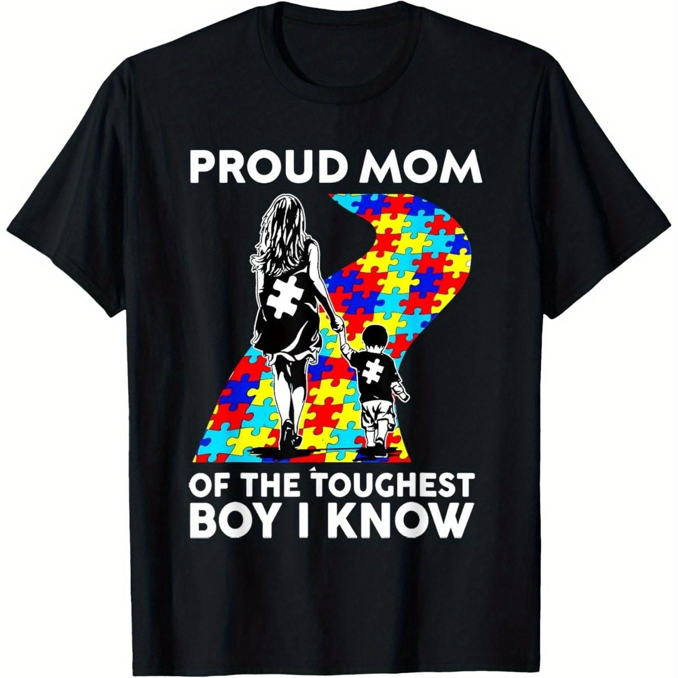 

Proud Mom Autism Awareness Puzzle Ribbon Graphic Tee Soft Cotton Casual TShirt For Unisex S