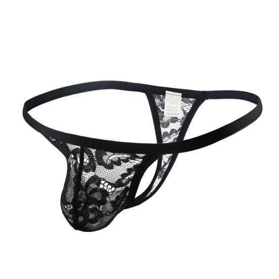 Men Underpants Hollow Out Lace Embroidery Slim Fit Comfortable Breathable T-back See-through Mesh U Convex Thongs Sleeping Clothes