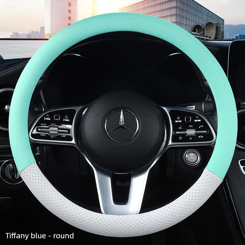 

New Car Steering Wheel Cover Cartoon Perforated Leather Macaron Color Universal for All Seasons Anti-Slip Summer Sweat-Absorbent Handlebar Cover Tiffany Blue Round 38cm