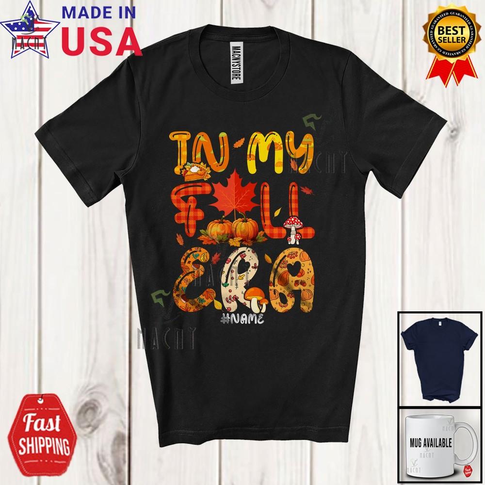 Custom Name In My Fall Era Joyful Thanksgiving Plaid Fall Leaves Pumpkins Shirt