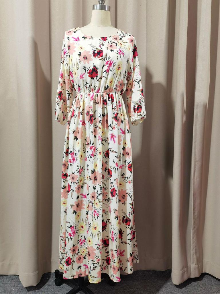 Retro Floral Long Dress with Round Neck and Large Swing - 2024 European & American Style