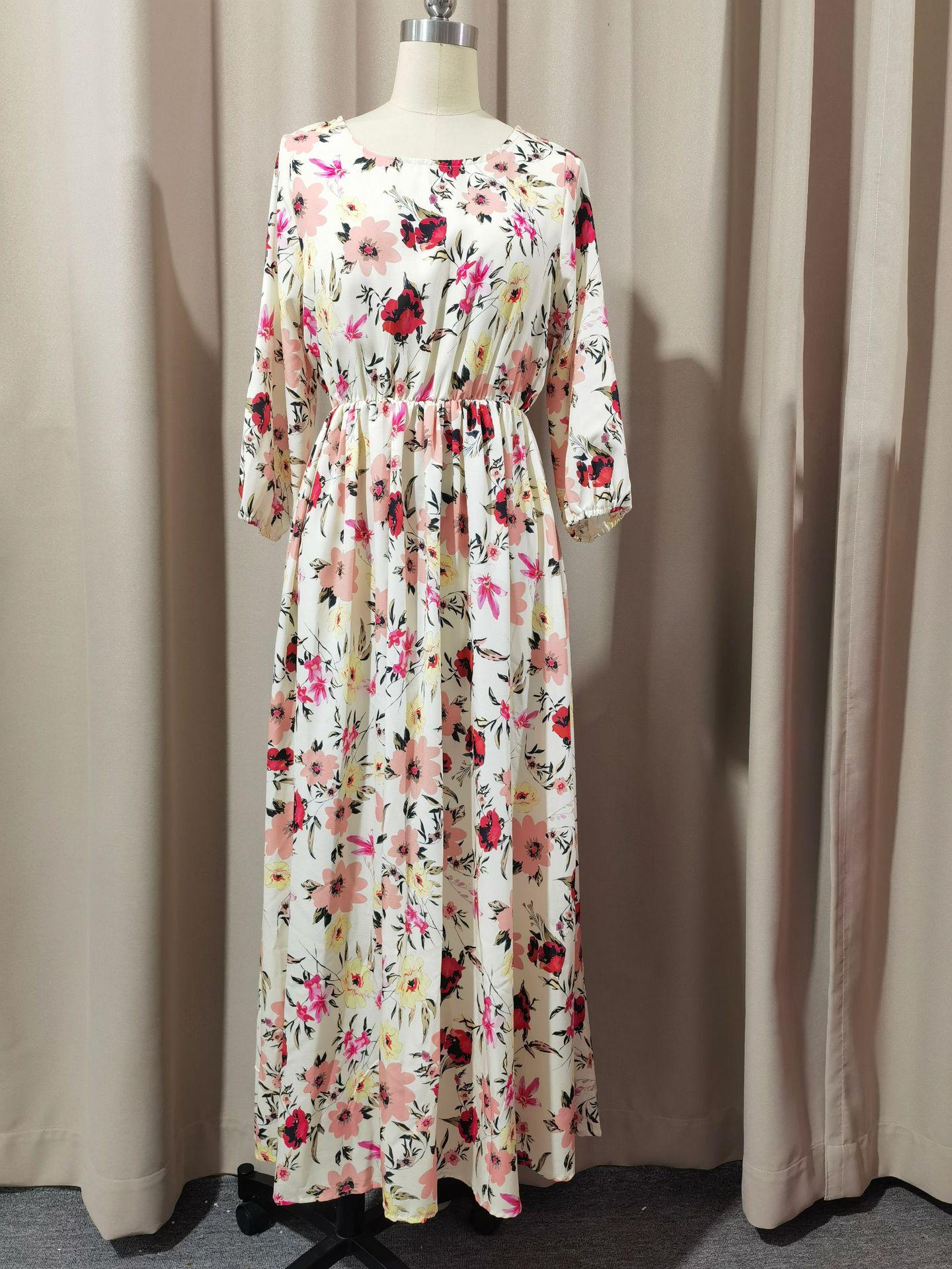 

Retro Floral Long Dress with Round Neck and Large Swing - 2024 European & American Style S абрикосовий