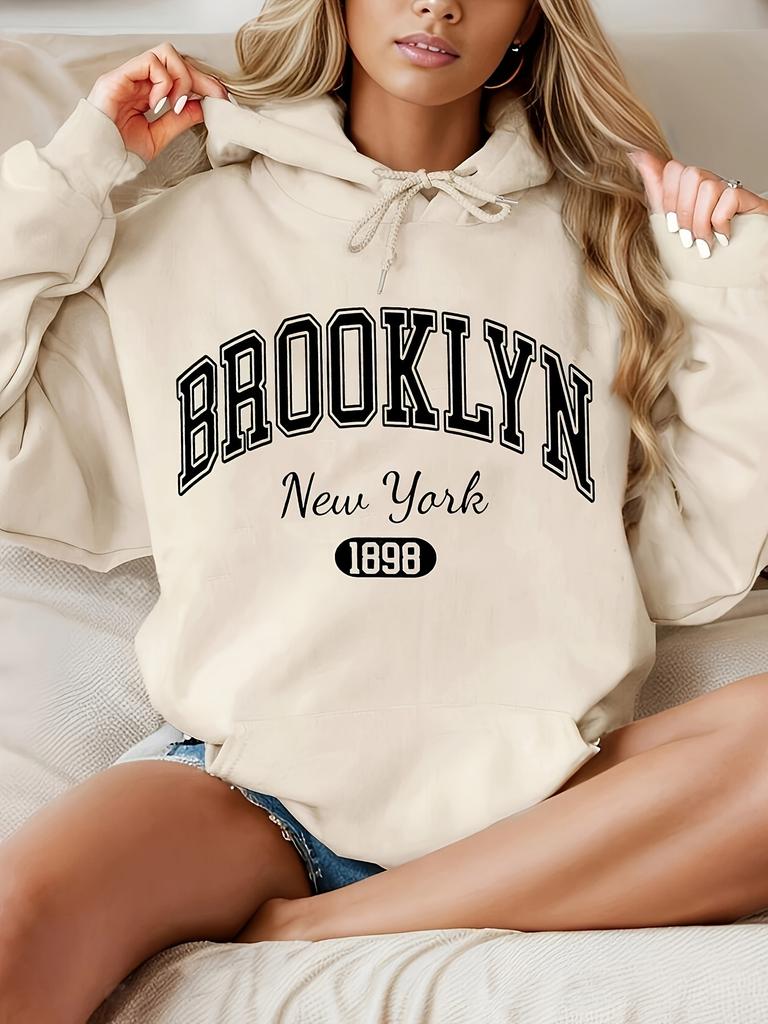 Brooklyn New York 1898 Hoodie Sweatshirt - Casual Hooded Pullover with Drawstring Alphabet Pattern