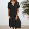Women's Fashionable Solid Color V Neck Short Sleeved Button Loose Pullover Shirt Dress