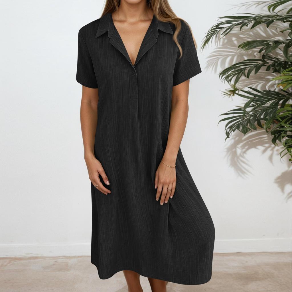Women's Fashionable Solid Color V Neck Short Sleeved Button Loose Pullover Shirt Dress