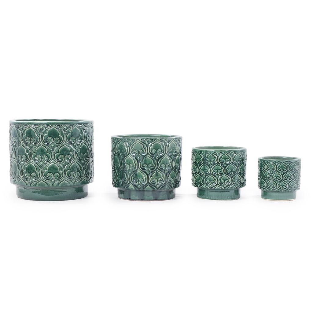 Mini Small Ceramic Plant Pot Ø19 cm, Glossy Rich Green Heart-Ornament Relief, Breathable Drainage Hole for Mini Succulents and Desktop Herbs