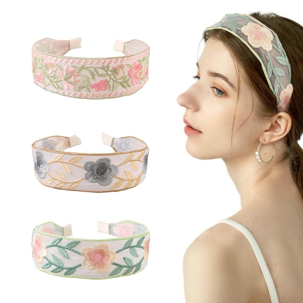 

Elegant Ethnic Floral Lace Headband - Wide Rose Embroidery Hair Accessory