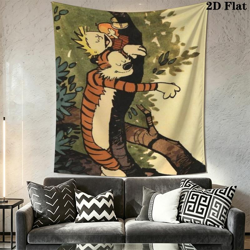 Calvin and Hobbes Wall Tapestry Aesthetic Wall Hanging Printed Fabric Blanket Decorative Tapestries for Bedroom Living Room Home Decor
