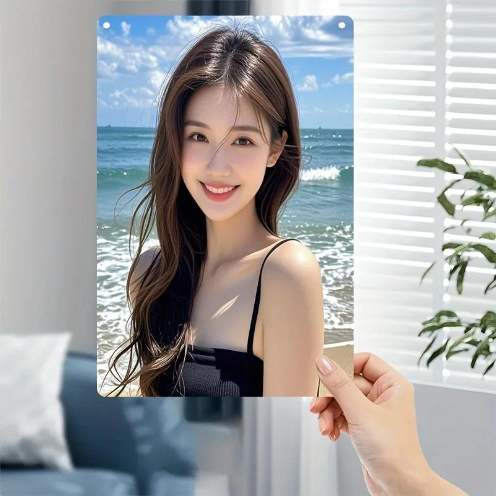 Metal Women Wall Art Iron Plate Korean Female Face Haircut Design Black Dress Ocean Waves Sign 20x30cm(7.8x11.8inch)