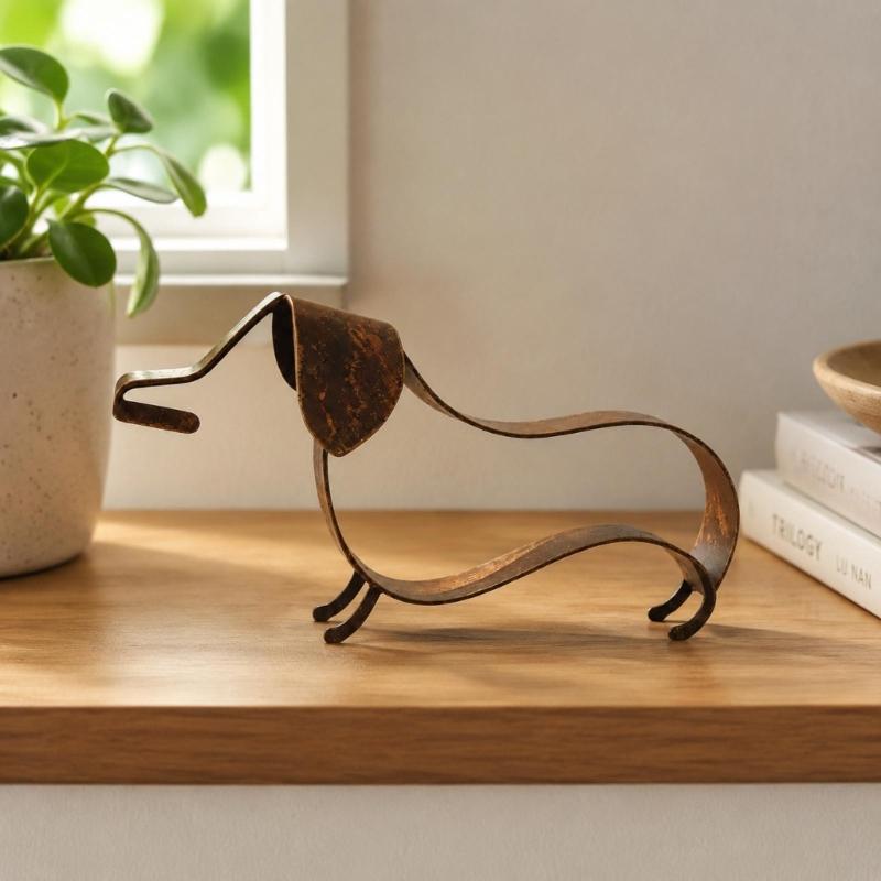 Open-Frame Wiener Dog Sculpture In Metal with a Mottled Aged-Look Finish for Indoor Cabinets, Shelves, and Desktops