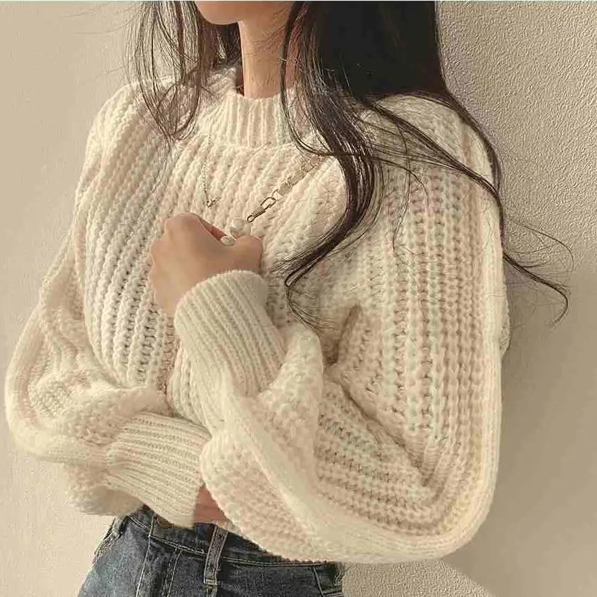 Loose Vintage Women's Sweater with Harajuku Flashlight Long Sleeves Korean Autumn Winter Knitwear Soft Warm Tops, Chic Solid Color Women's Sweater