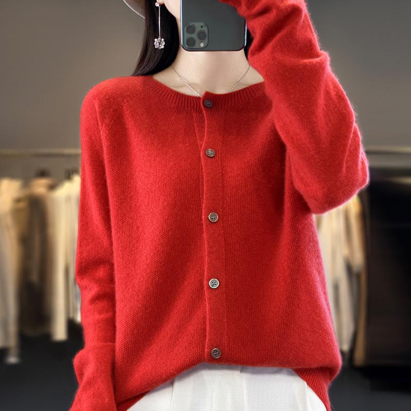 Women's Loose Cashmere Wool Cardigan – Autumn/Winter Osmanthus Stitch Knit Top