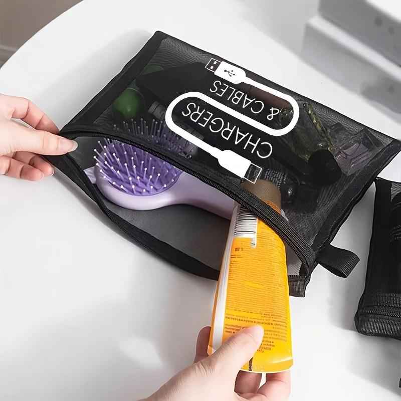 Large Capacity Nylon Makeup Bag with Charger Cable Print - Portable Travel Toiletry Organizer,Zipper Closure,Travel Cosmetic Bag