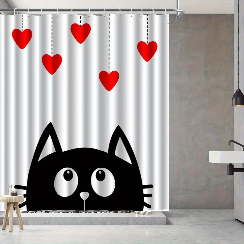 1pc Cat and heart patterned shower curtain, made of polyester, machine washable, with hooks, suitable for bathroom decoration.