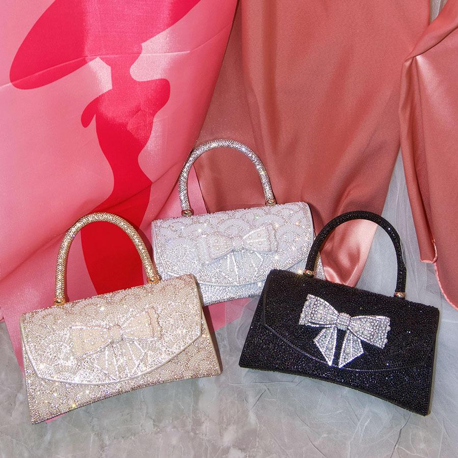 Metal Small Square Bag Dinner Bag Light Luxury Shiny Diamond Bow Handbag