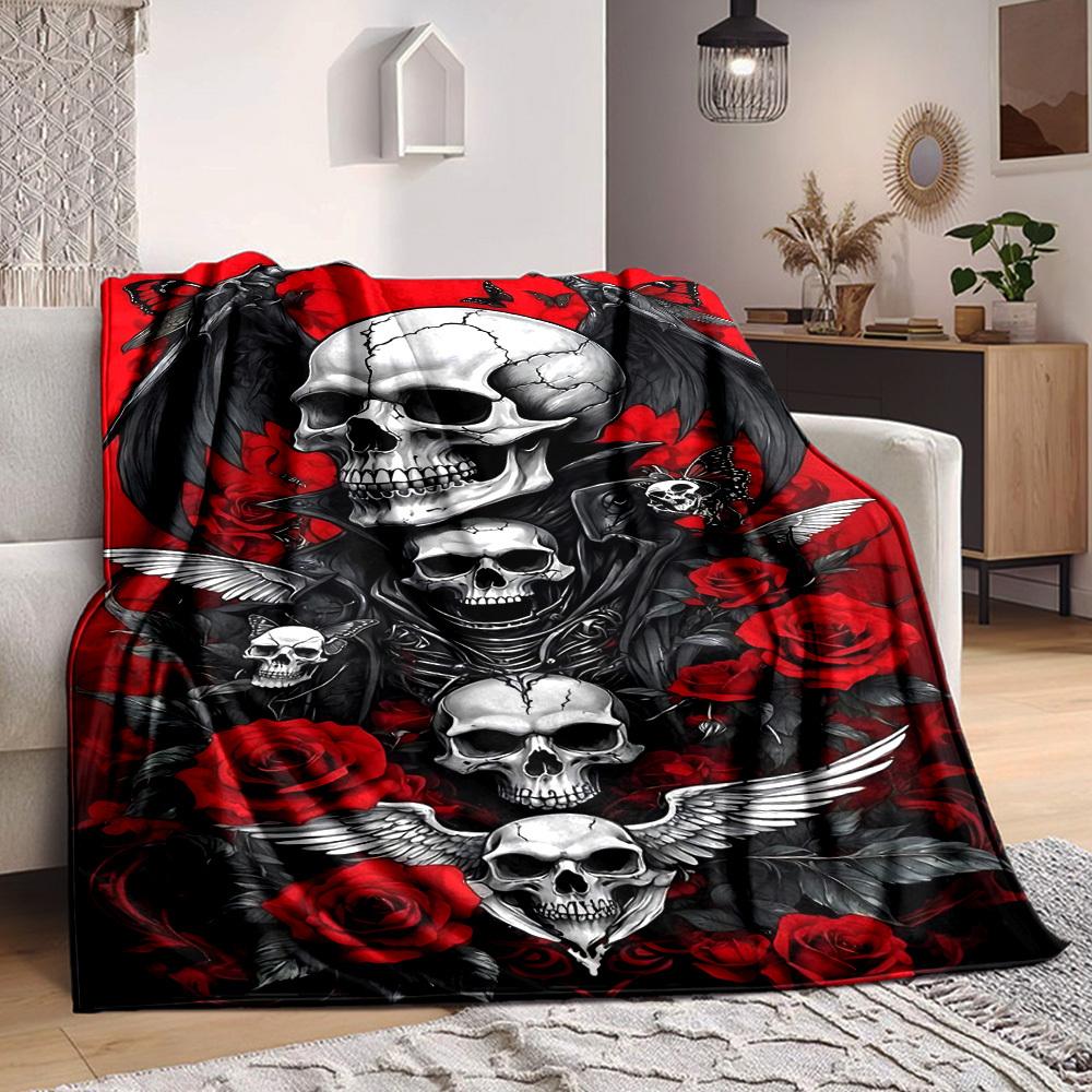 1pc Skull Roses Blanket, Lightweight Flannel Throw For Sofa, Bed, Travel, Camping, Livingroom, Office, Couch, Chair, And Bed,