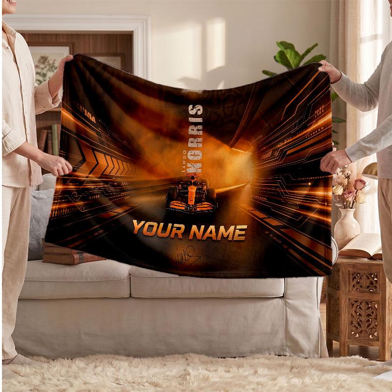 Lando Norris Flannel Blanket, Custom Name Text Personalized Soft Throw Blanket Home Decor Gift