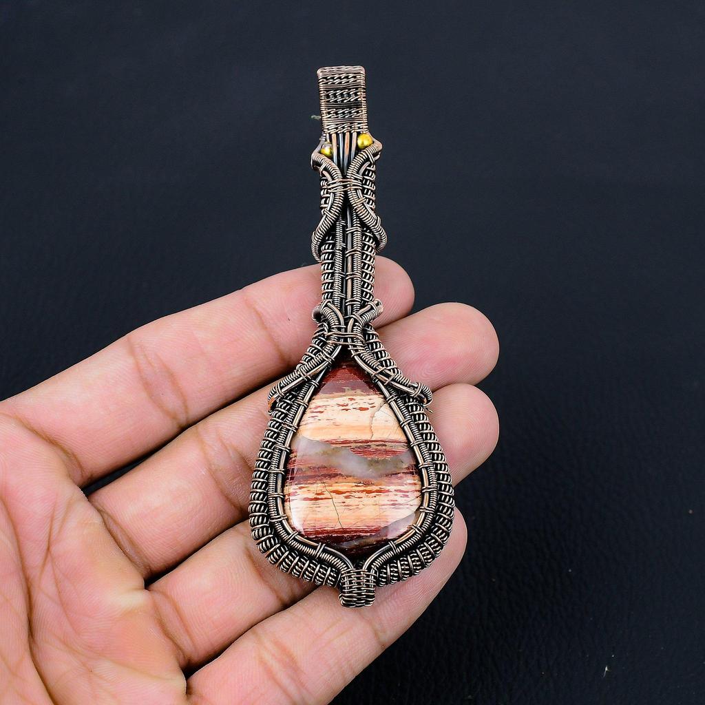 Unique Red River Jasper Gemstone Pure Copper Wire Wrapped Handmade Pendant Jewelry