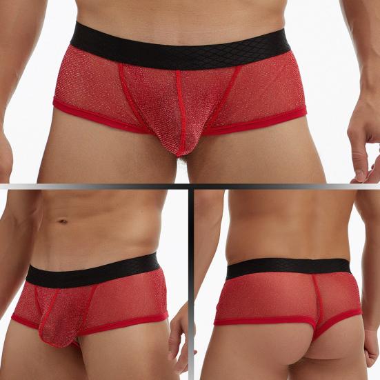 Men Boxer Underwear Low-rise Perspective Thin Shorts Panties Patchwork Color U-convex Wide Waistband Underwear