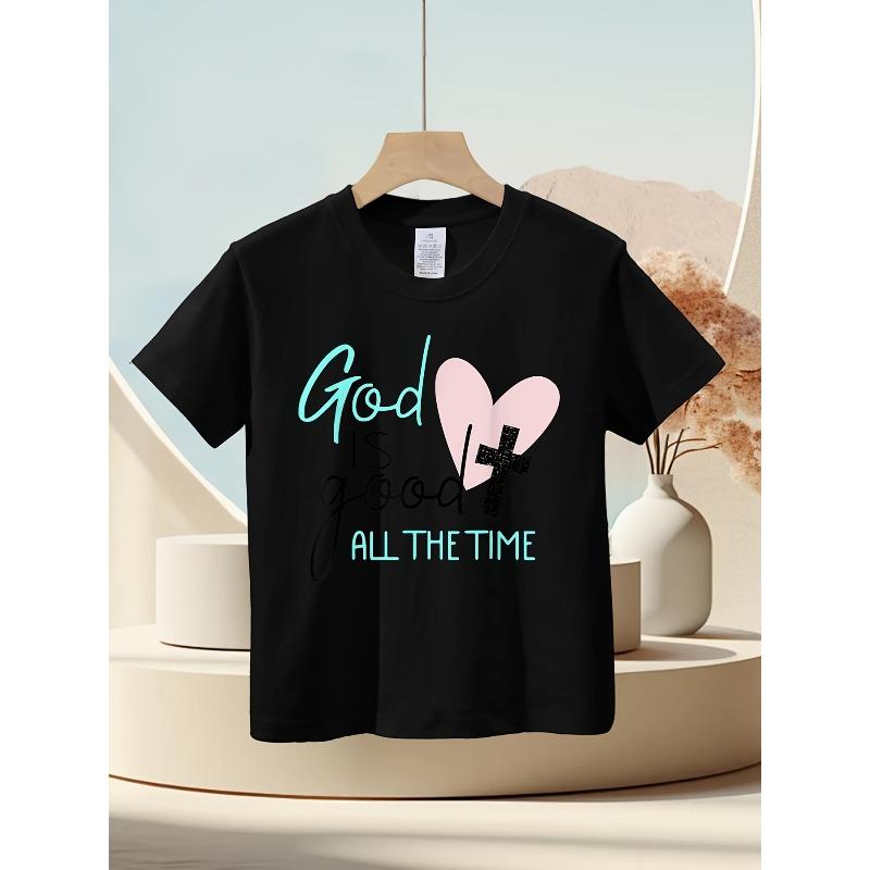 

European sizes Kids Faith T-Shirt - God Is Good All The Time Verse - Soft Cotton Short Sleeve Round Neck Top 164cm чорний