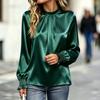 Women's Satin Blouse with Stand Collar, Pleated Long Sleeves and Ruffle Cuffs