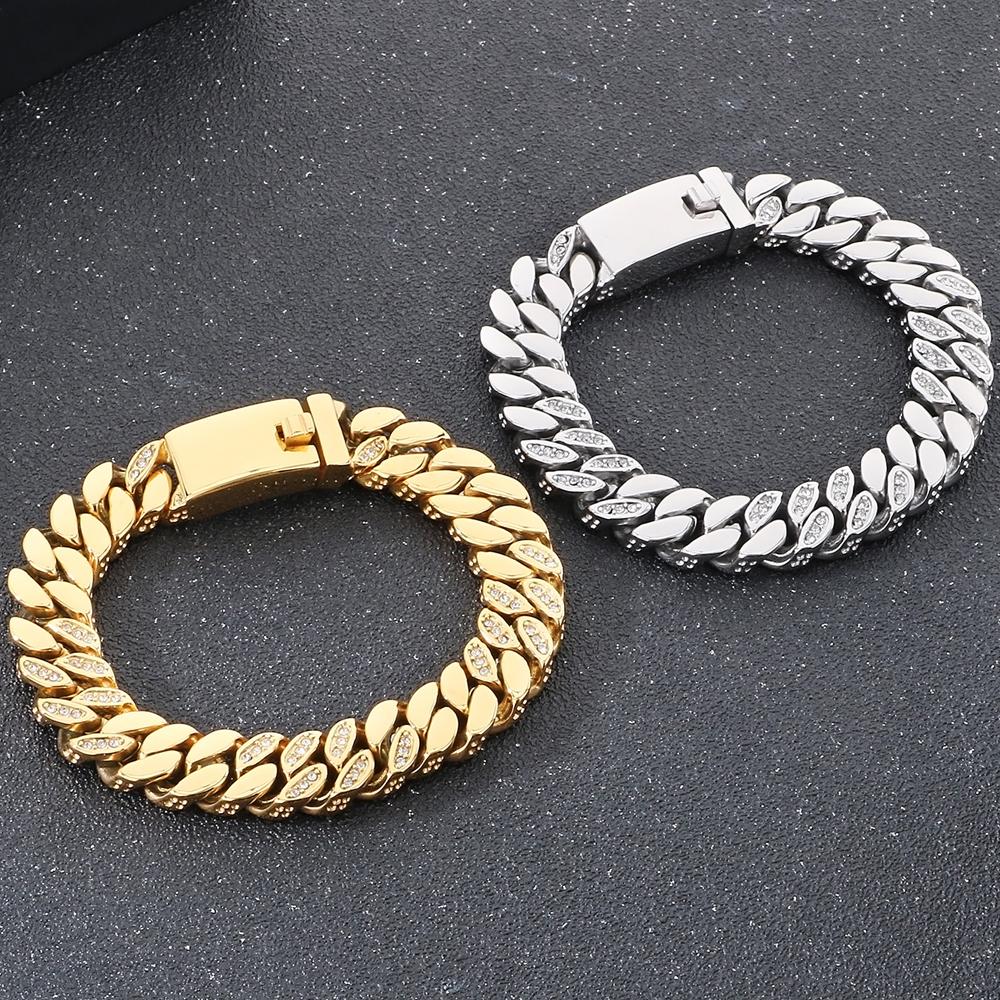 316L Stainless Steel 12MM Width Cuban Chain Bracelet for Men Hiphop Men's Bracelets With CZ Birthday Jewelry Gifts for Boyfriend