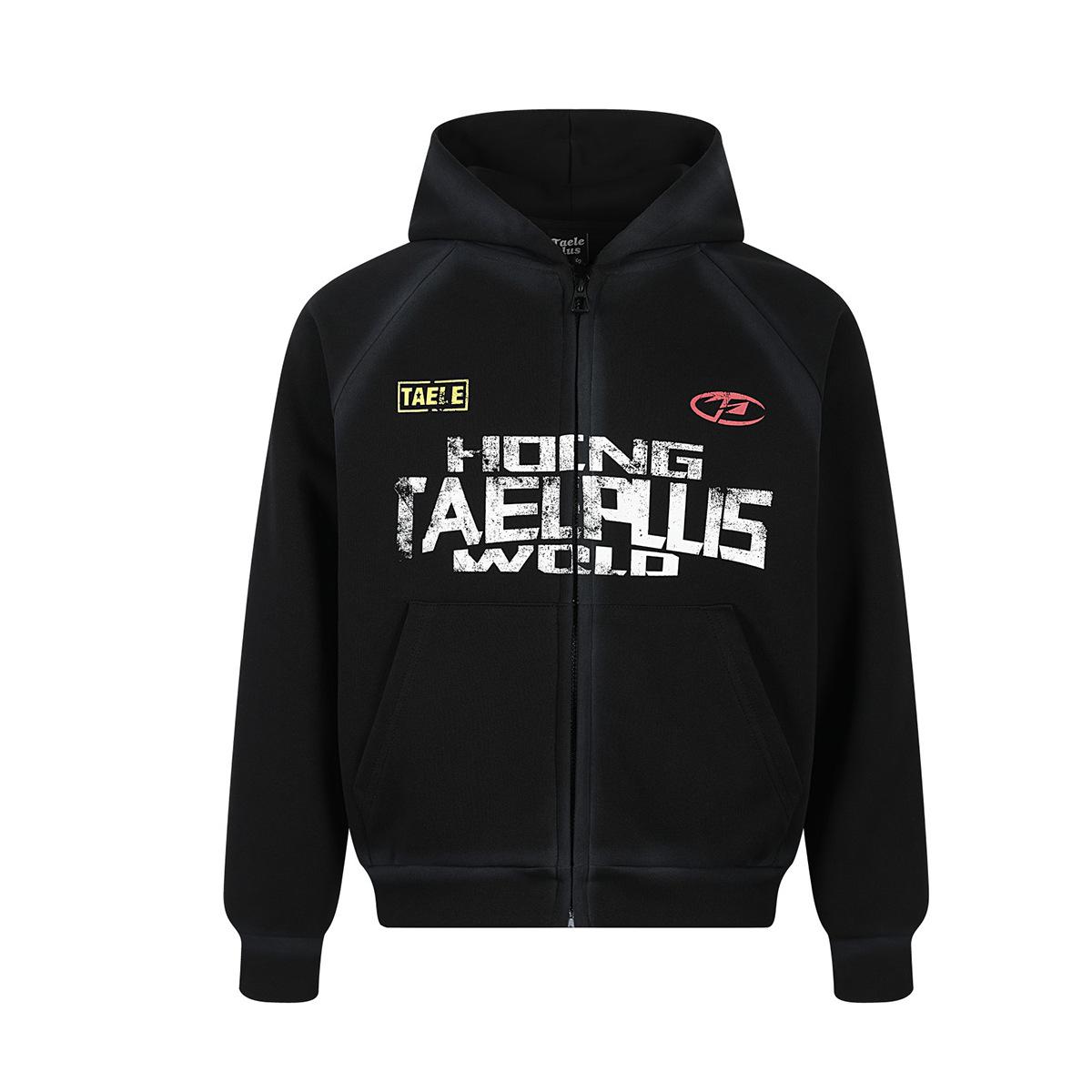 Autumn American retro hoodie jacket dirty dyed spray color old cardigan zipper sweater men S чёрный