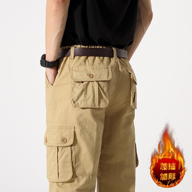 Plush Elastic Waistband Pure Cotton Wear-Resistant Multi Pocket Work Pants Straight Tube Large Pocket Loose And Fat Casual Pants