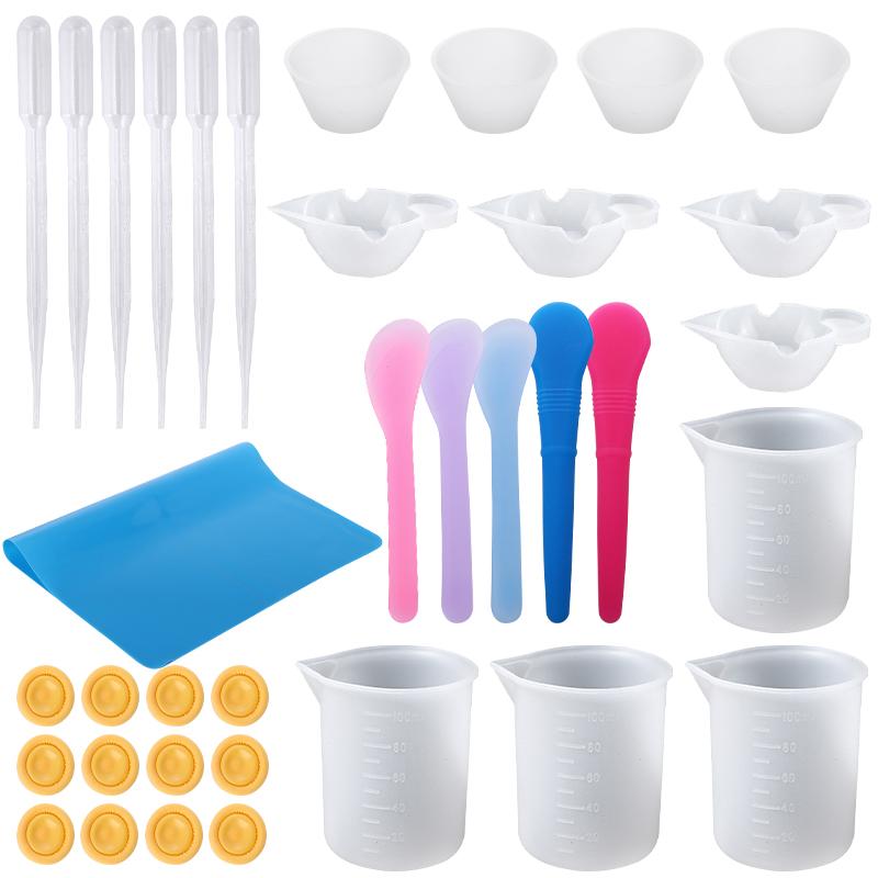 Easy Clean Silicone Resin Measuring Cups Tool Kit with Stir Sticks Pipettes Spatula Finger Cots for Epoxy Resin Mixing Supplies