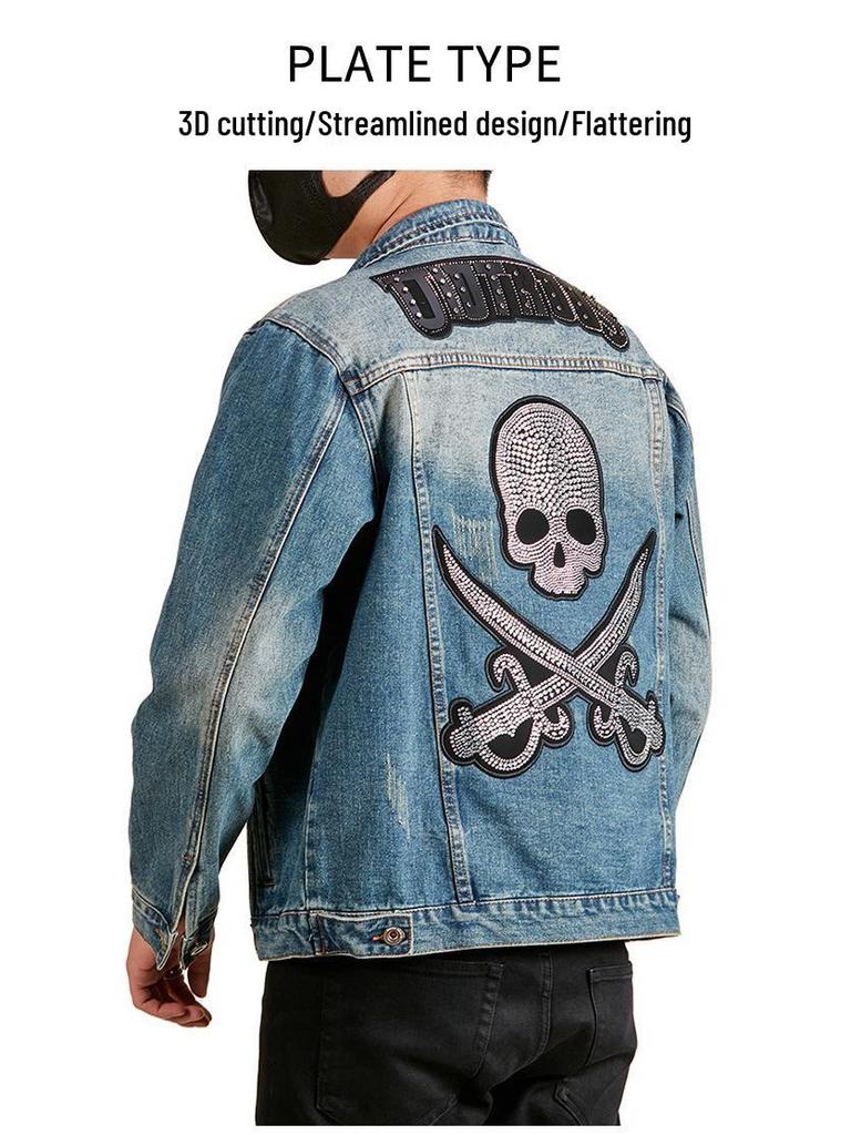 Xintang Men's Rhinestone-Studded Denim Jacket - Plus Size, Heavy Embroidery, Loose Fit Outwear