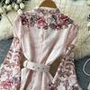 Women's Vintage Floral Print Long Maxi Dress Spring Stand Collar Long-Sleeve Single-breasted Fitted A-Line Dress