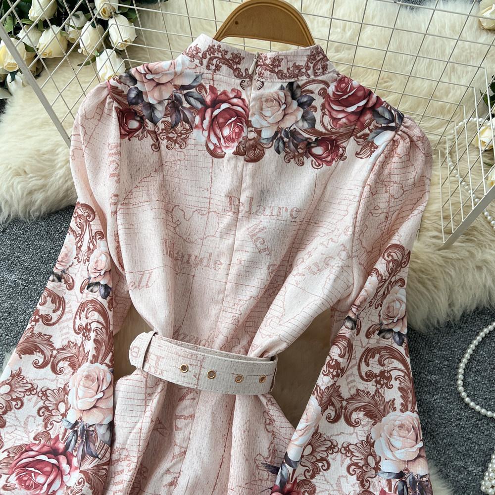 Women's Vintage Floral Print Long Maxi Dress Spring Stand Collar Long-Sleeve Single-breasted Fitted A-Line Dress