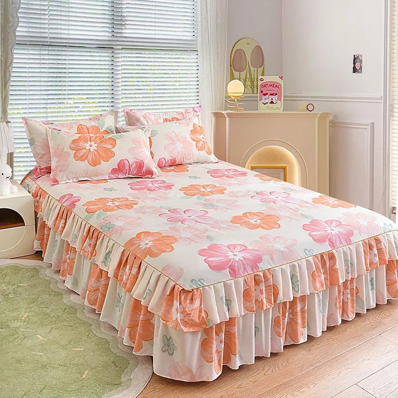 

3pcs Thicken Anti Slip Printed Bed Skirt Double Layered Hemline Bedspread Bed Sheet Bedding Products with Plant Flower Patterns 120x200cm 3pcs