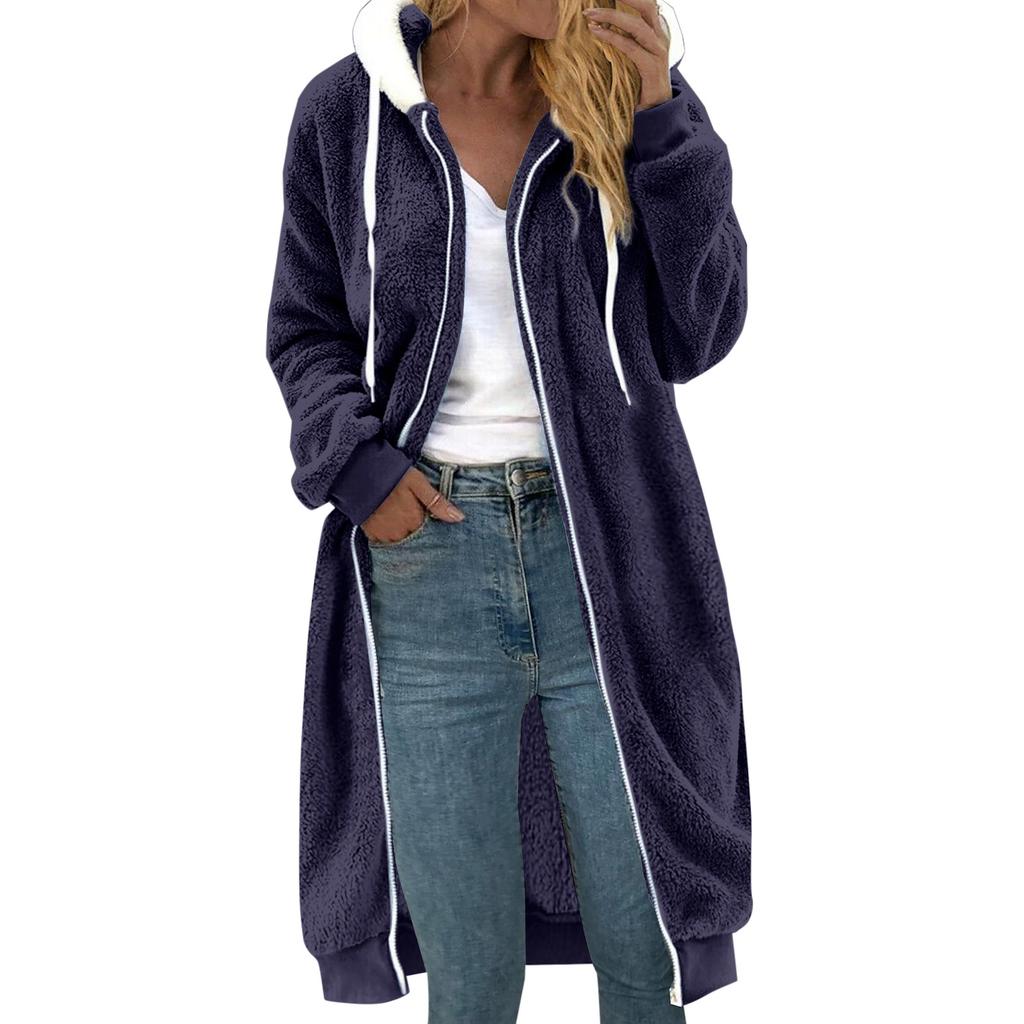 Ladies' Loose Comfortable Casual And Fashionable V-neck Long Sleeved Medium To Long Double-sided Plush Hooded Jacket