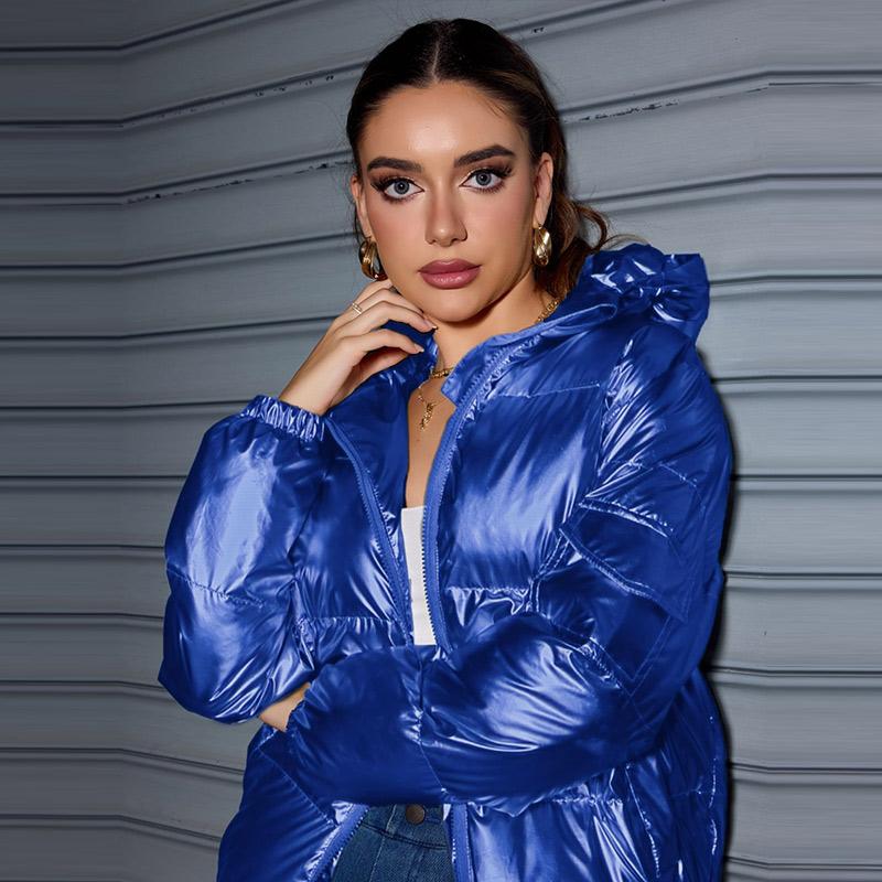 Winter Trendy Shiny Hooded Down Coat Women Long Sleeve Solid Color Slim Fit Cotton Warm Parkas Jacket