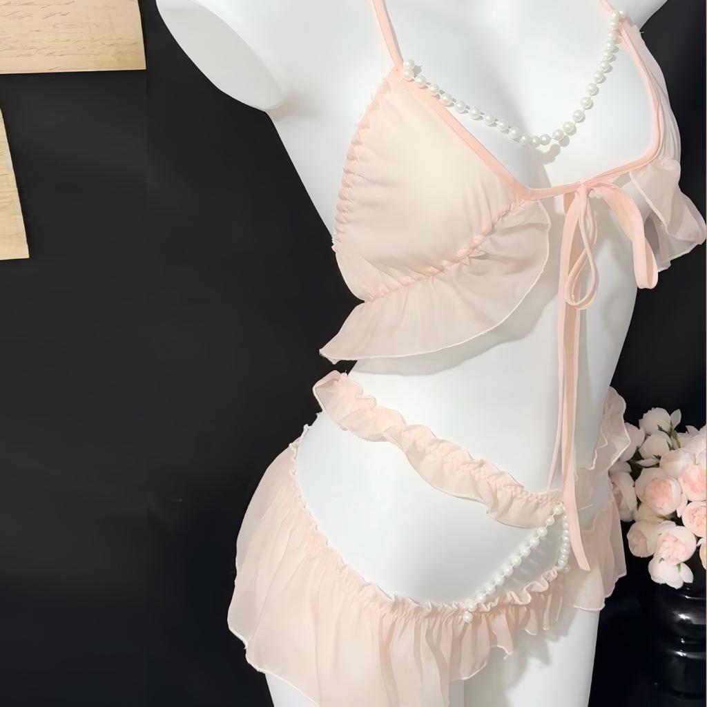 Sexy Underwear Sexy Breast Pearl Neck Three-point Lace Uniform Hip Perspective Cute Woman