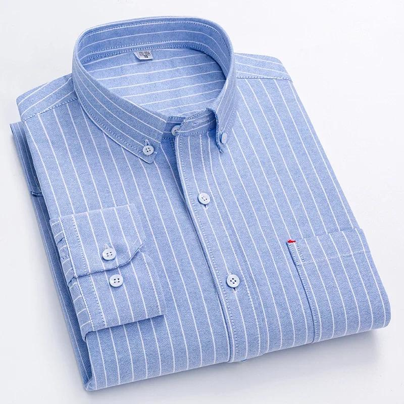 100% Cotton Oxford Long-sleeve Shirts for Men Slim Fit Formal Plain Shirt Soft Casual Plaid Designer White Striped Black Clothes